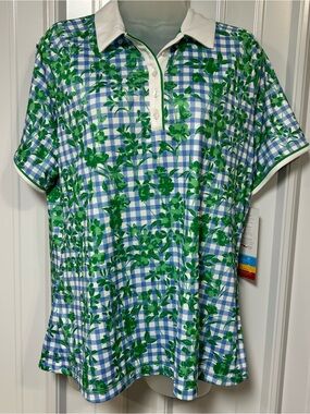 Women's Green Floral Gingham Button-Down Polo Top